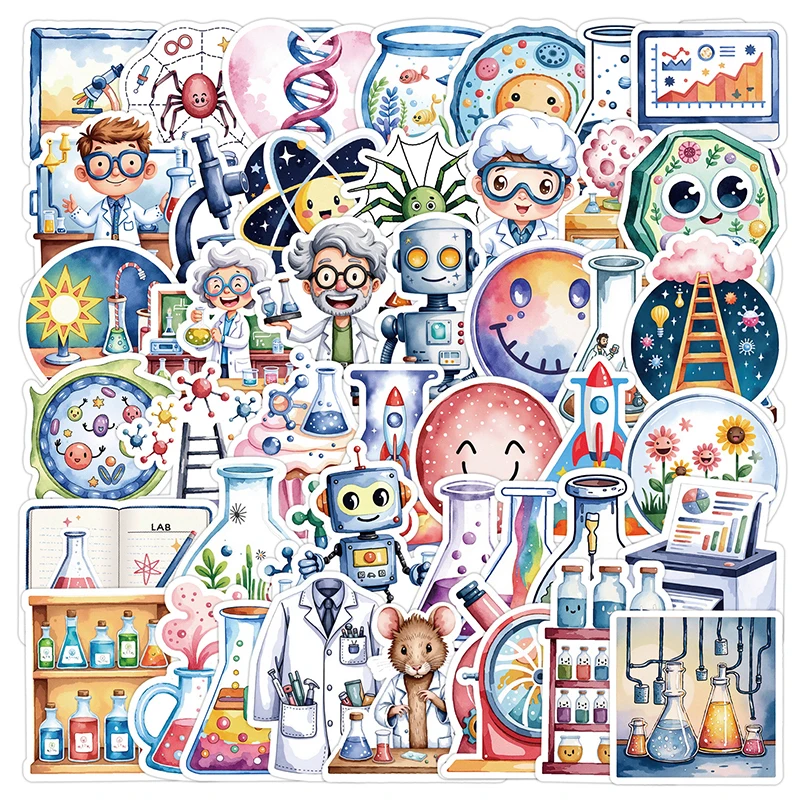 

50 шт., мультяшные научные лабораторные наклейки, украшения «сделай сам», скейтборд, чемодан, шлем, гитара, научные граффити, наклейки, детские игрушки в подарок