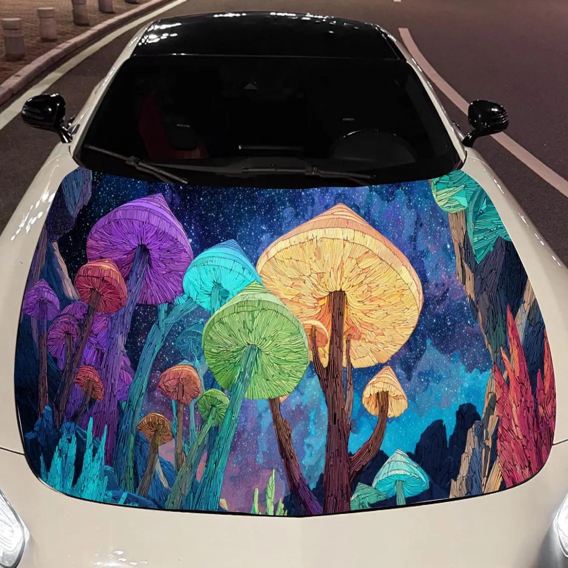 Colorful Mushroom Cluster Car Hood Vinyl Stickers Car Surface Protection Decal Car Decoration Cover Vinyl Wraps Waterproof Self-