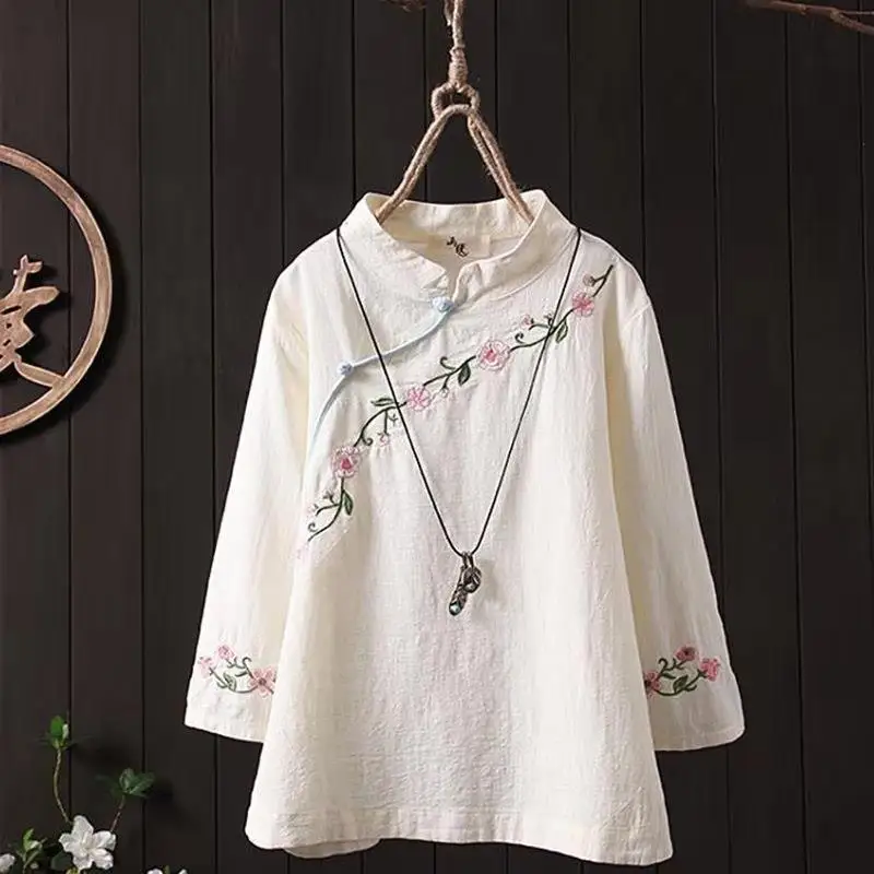 

Chinese Style Retro Jacquard Cotton and Hemp Shirt Female China Stand Collar Cardigan Zen Tea Suit Long-sleeved Top Tradition