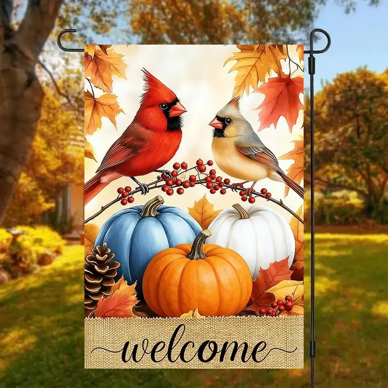 Welcome Fall Pumpkin Cardinal Garden Flags 12x18 Double Sided, Small Burlap Autumn Thanksgiving Farmhouse Outdoor Fall Decor MMZ