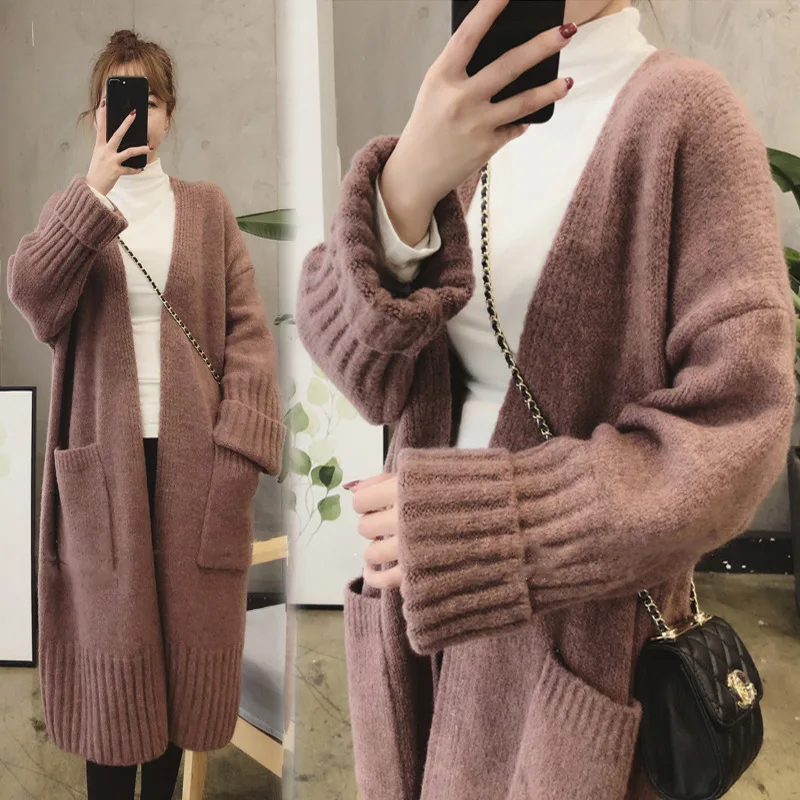 Long Sweater Women 2024 Fashion Knitted Autumn Winter New Solid Color Pocket Loose Loose Sweater Cardigan Women BD4030