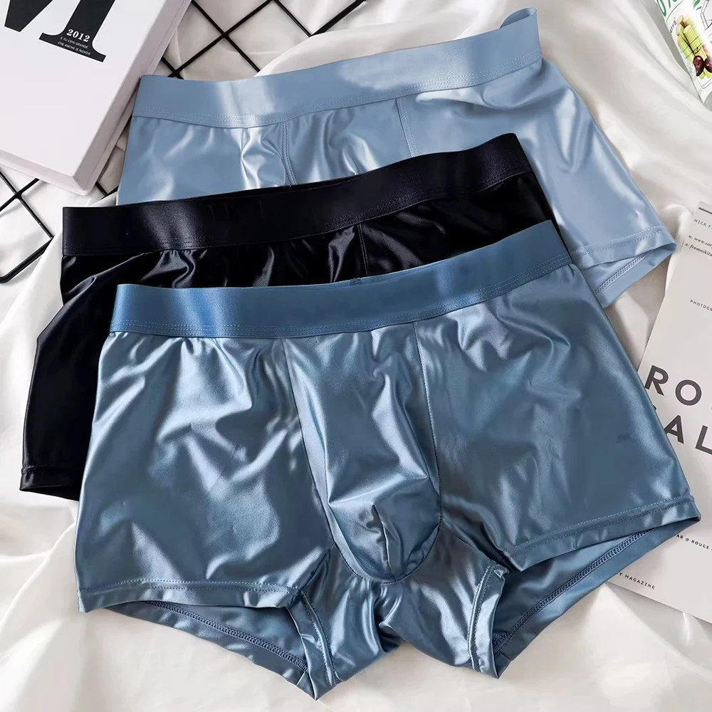 

3pcs Luxury Ice Silk Satin Boxer Shorts Summer Cool Solid Color Men's Underwear Breathable and Comfortable Men's Flat Pants