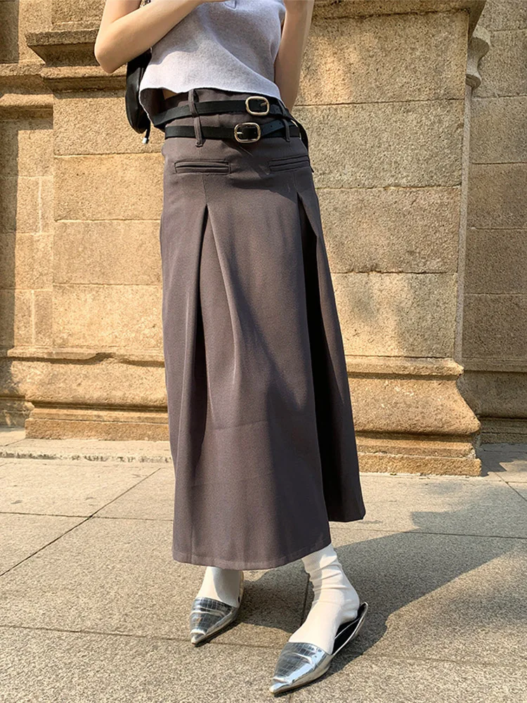 

Vintage Gray Pleated High-waist Skirt Women New Faashion All-match A-line Mid-Calf Half Skirt Long Female 2023 Summer Harajuku