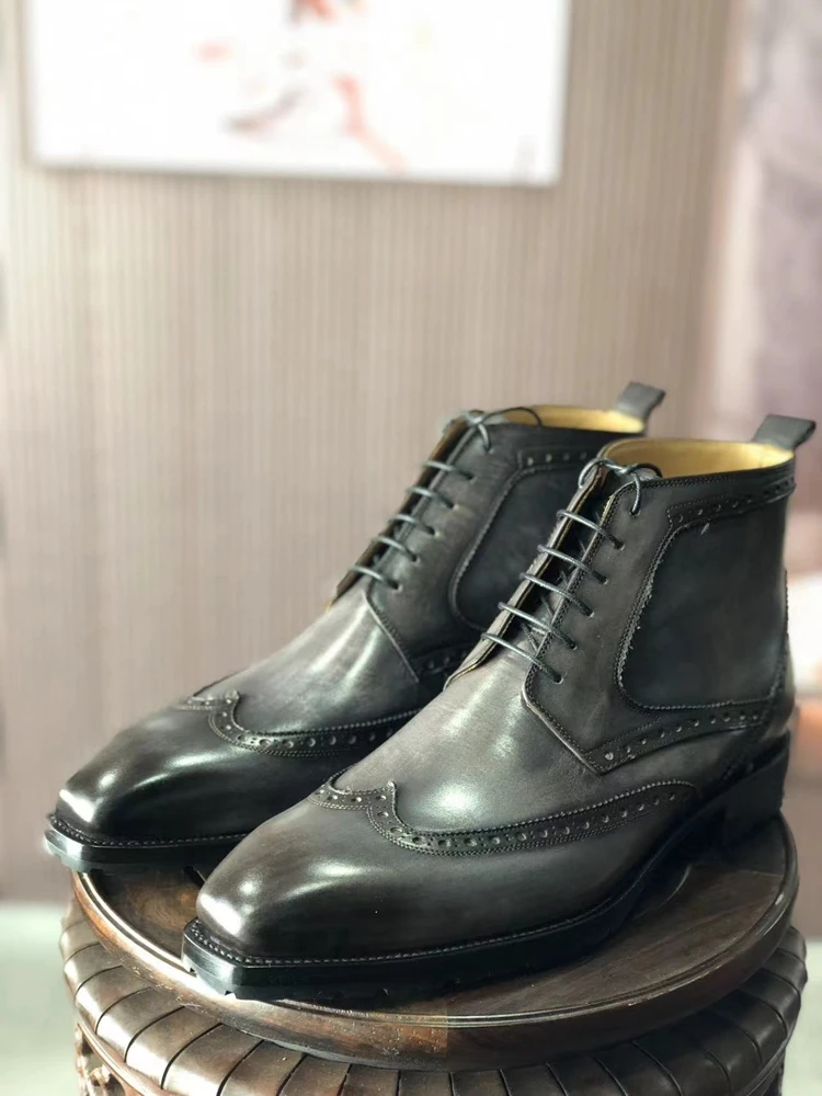 cie Patina Grey Goodyear Welted Lacing-up Boot Handmade Shoes Leather Out-sole with Gear Anti-slip Sole Ankle Boots  MA17