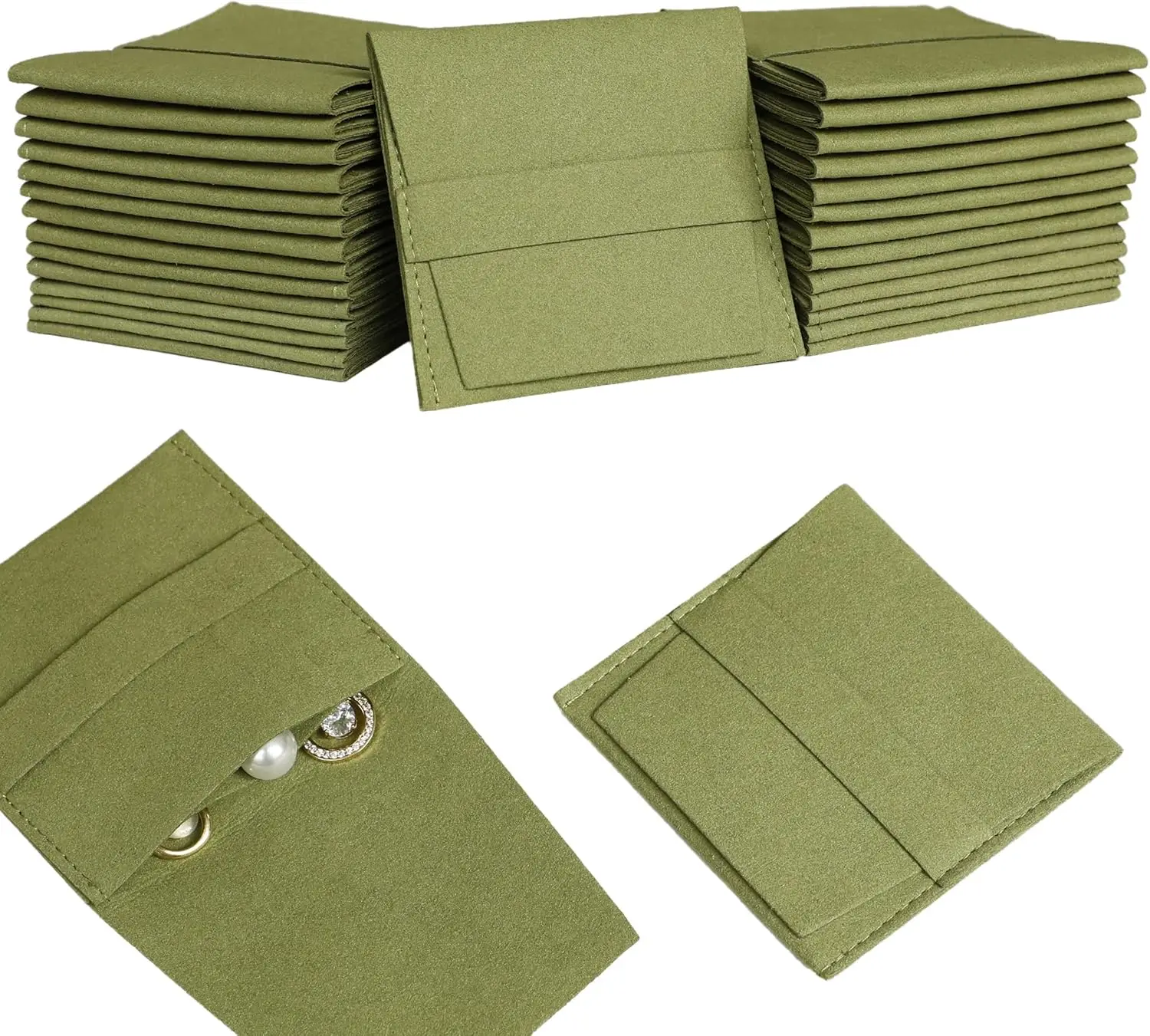 

40pcs Green Microfiber Jewelry Pouch 8 x 8cm Jewelry Packaging Bag Luxury Gift Fixed Strap Envelope Style Packaging Small Jewelr