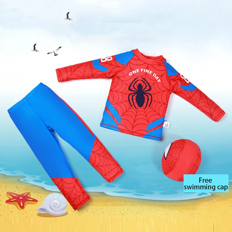 Boys\' Swimsuit Red Cartoon Cartoon Villain Children\'s Swimsuit Spider Print Role Playing Beach Suit 3-piece New  Boys\' Swimming