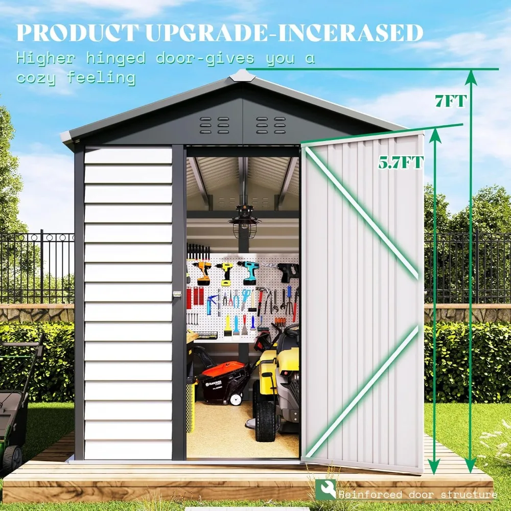 6.4 4x9x7 FT outdoor storage shed, louver design metal shed, transparent window lockable hinged door, outdoor shed, terrace