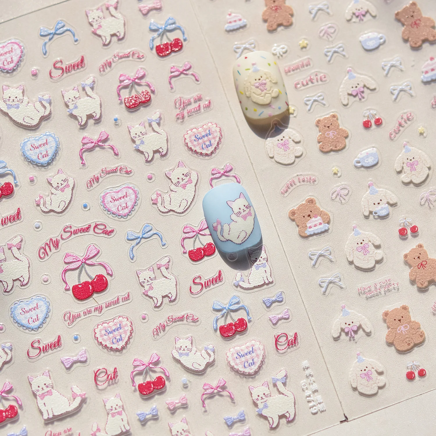 

1Pcs Sweet Cat Bear Dog Puppy Nail Stickers Cute Cherry Ribbon Cake Party Self Adhesive Nail Art Stickers Decoration DIY Parts