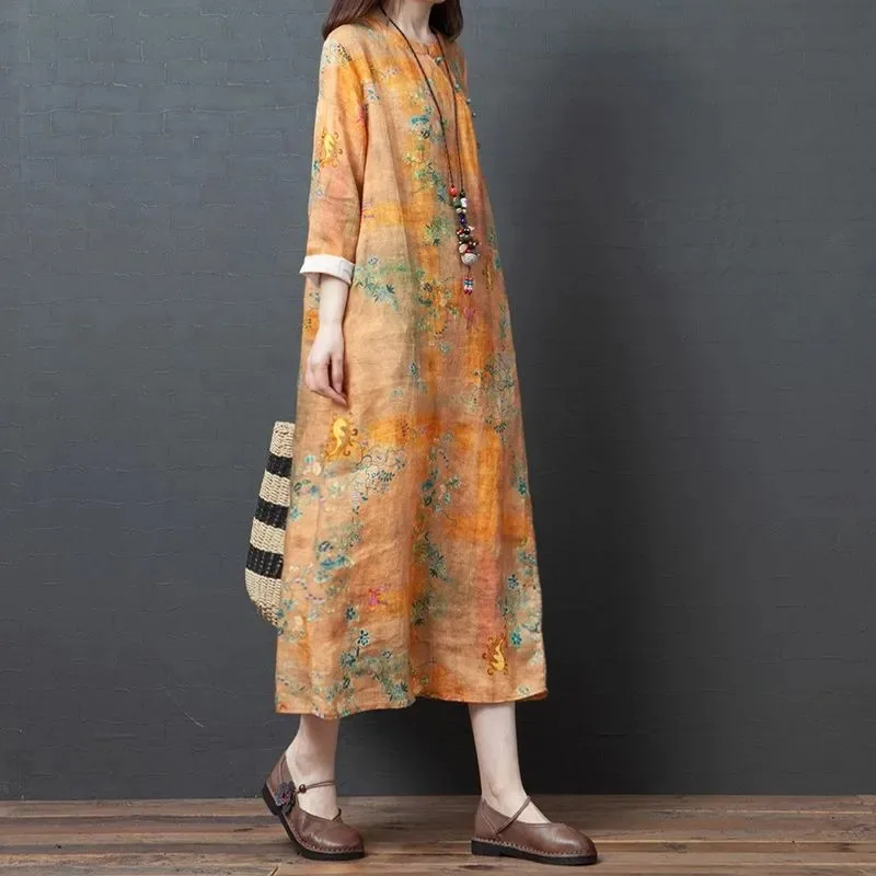 Women Vintage Floral Print Linen Dress Round Neck Three Quarter Sleeve Loose Ethnic Midi Qipao Dress
