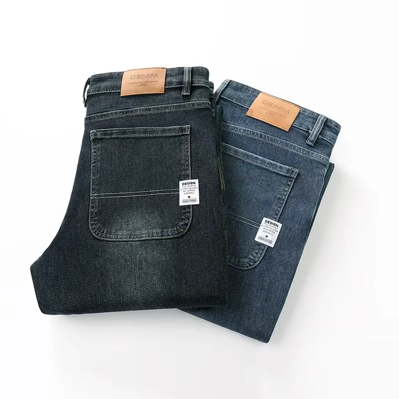 Autumn Winter  Brand New High Waist Jeans Classic Business Casual Office Men\'s Fashion Stretch Slim Denim Jeans Navy Blue