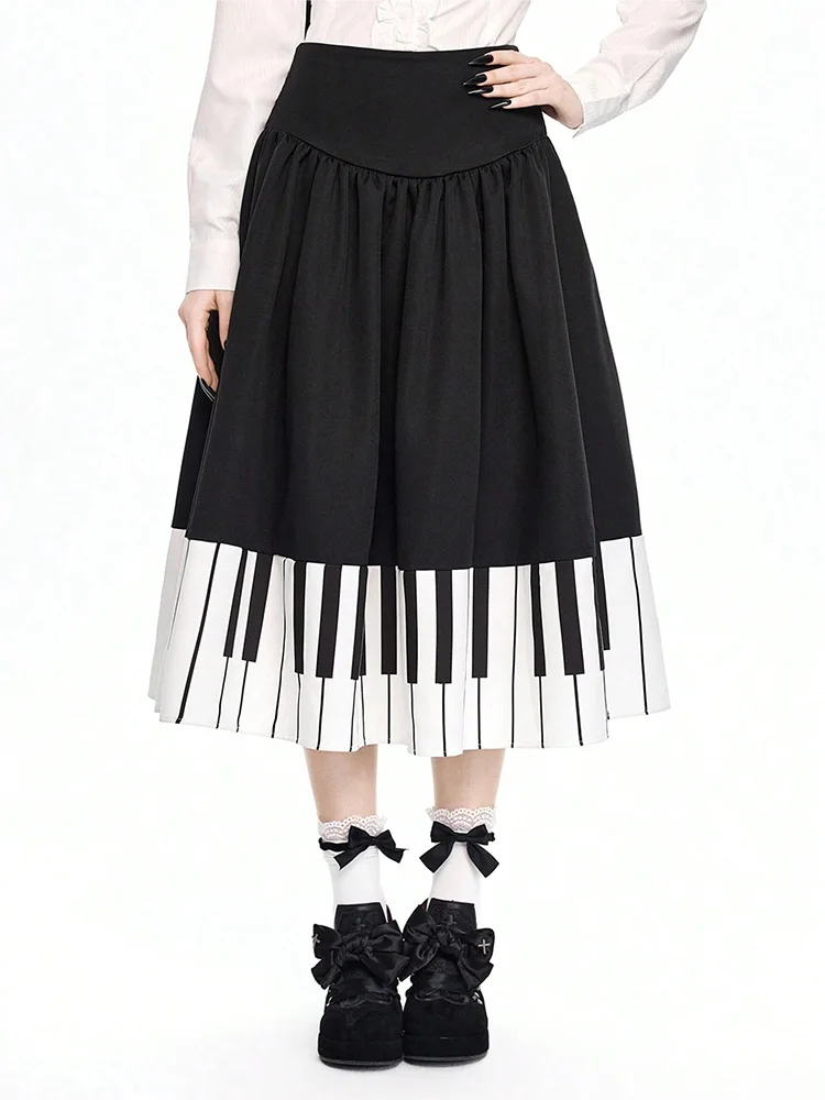 Summer New Sweet Spicy Black White Piano Pleated Skirt High Waist Slim Fit A Line Midi Skirt Vintage Design Skirt for Women view 3