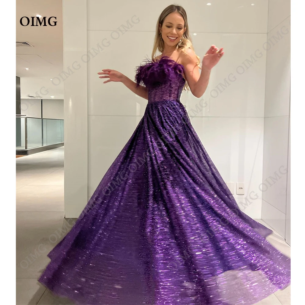 

OIMG Sparkly Royal Purple Feather Long Prom Evening Dresses 2023 Shiny Glitter A Line Spaghetti Straps Dubai Party Gowns