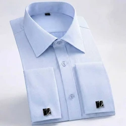Quality Gentle Formal Mens French Cuff Dress Shirt Men Long Sleeve Solid Striped Style Men's Shirts Cufflink Include Plus Size