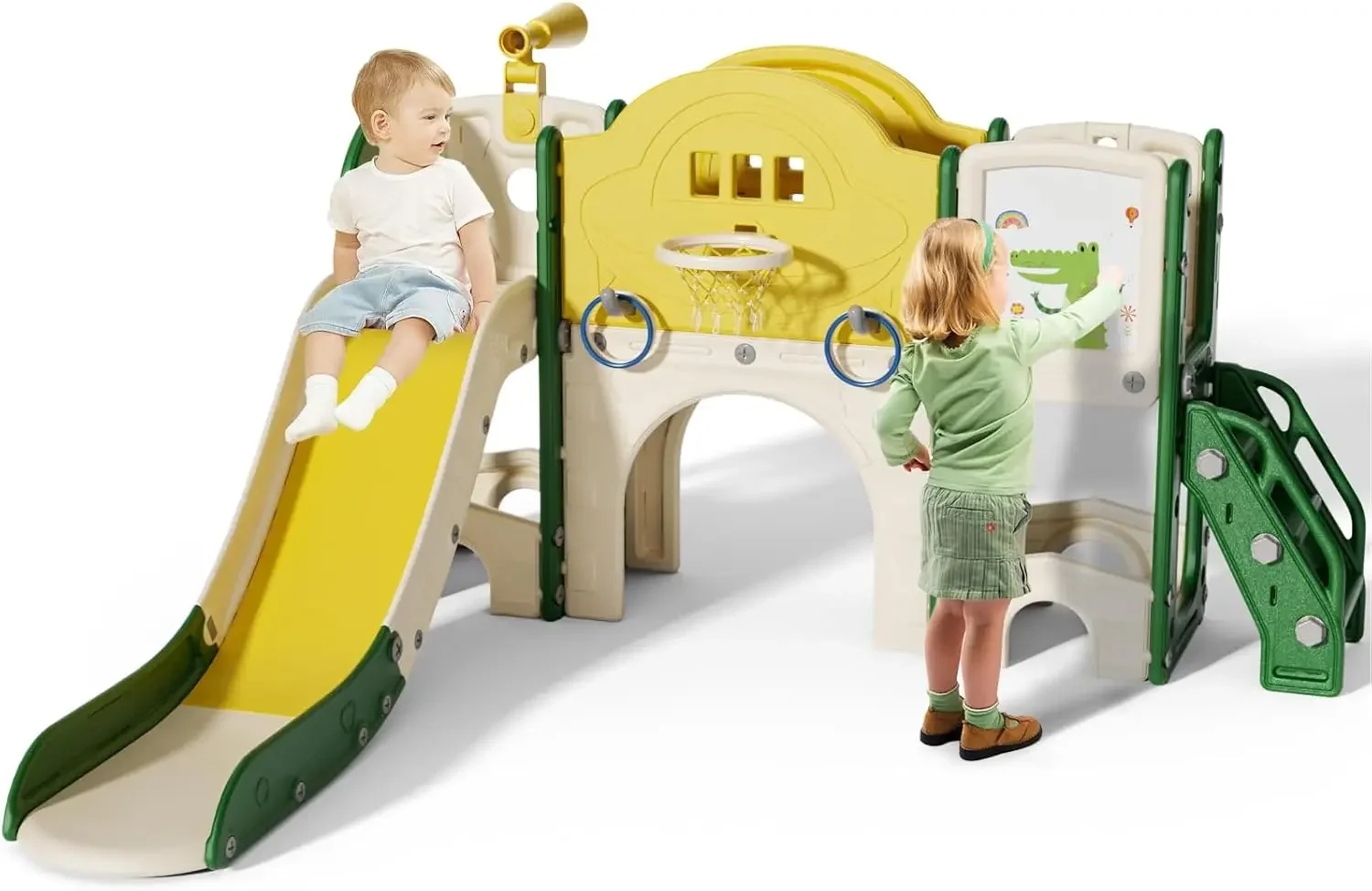 10 in 1 Toddler Slide for Toddlers Age 1-3, Extra-Long Slide with Basketball Hoop Indoor and Outdoor Baby Climber