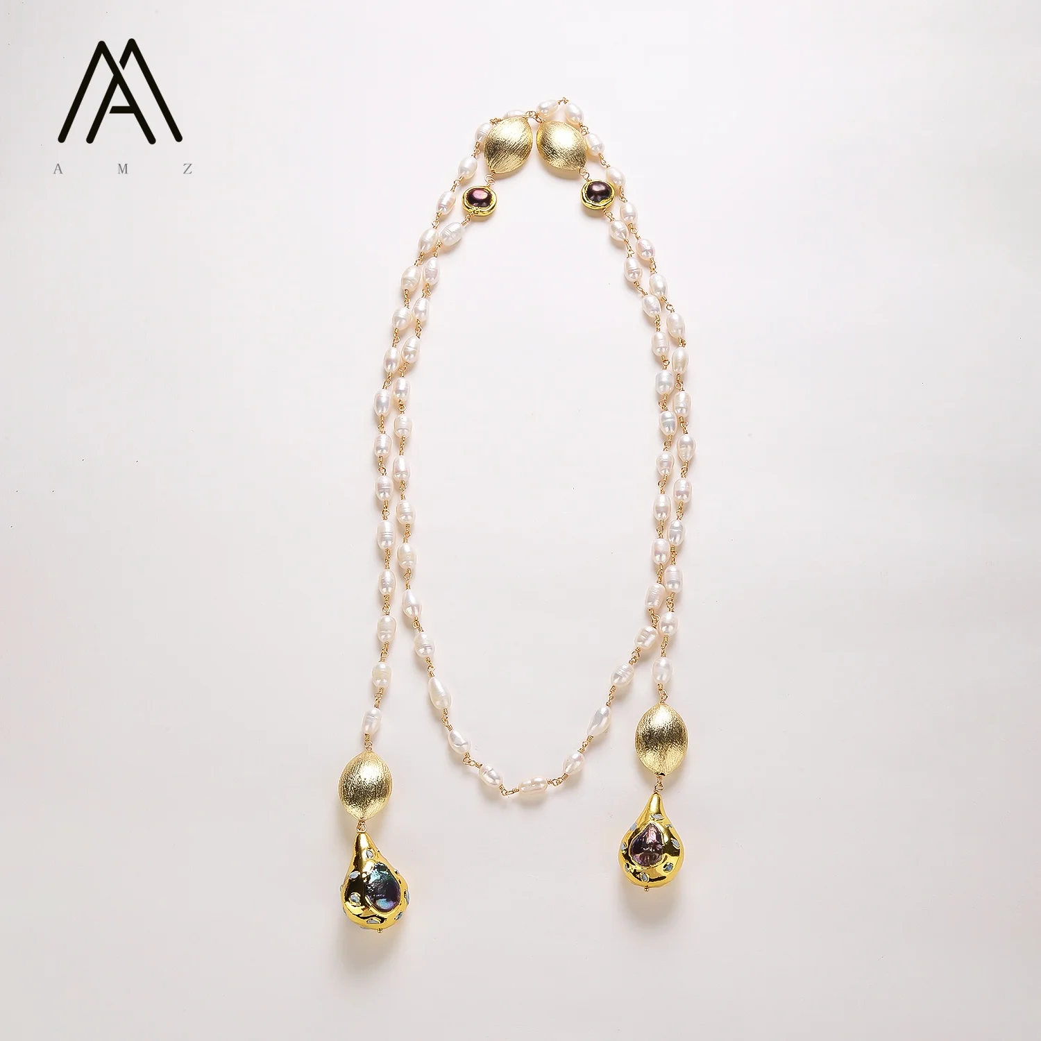 18 Inches Cultured White Pearl Teardrop Black Pearl Necklace Brushed Beads Long Chain Necklace Handmade Jewelry For Women