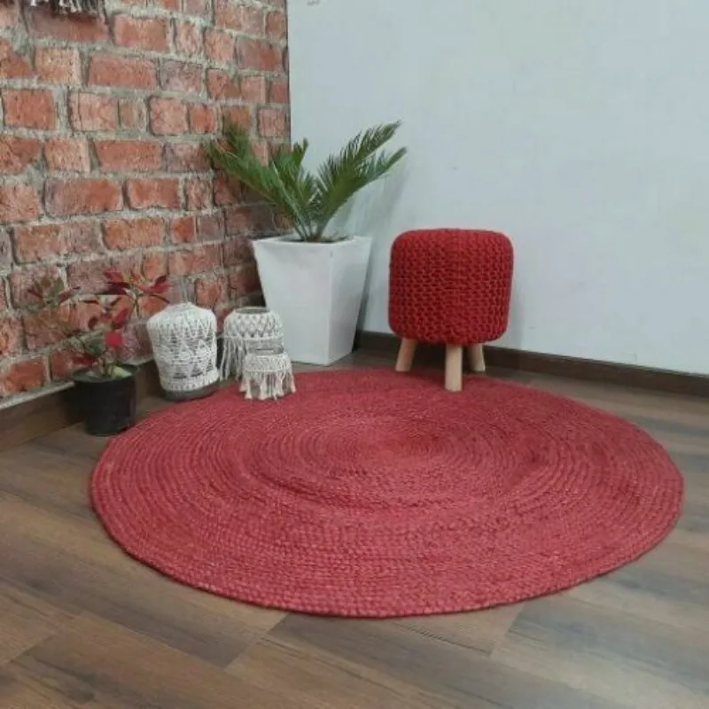 

Jute Rug Red Dye Round Style Rug Reversible Braided Modern Rustic Look Carpet