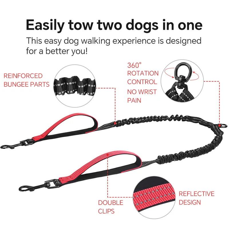 Double Dog Leash High-Quality Nylon Rope Double Leash For Large Dogs With Tangle Free Shock Absorbing Bungee Poop Bags Dogs Rope