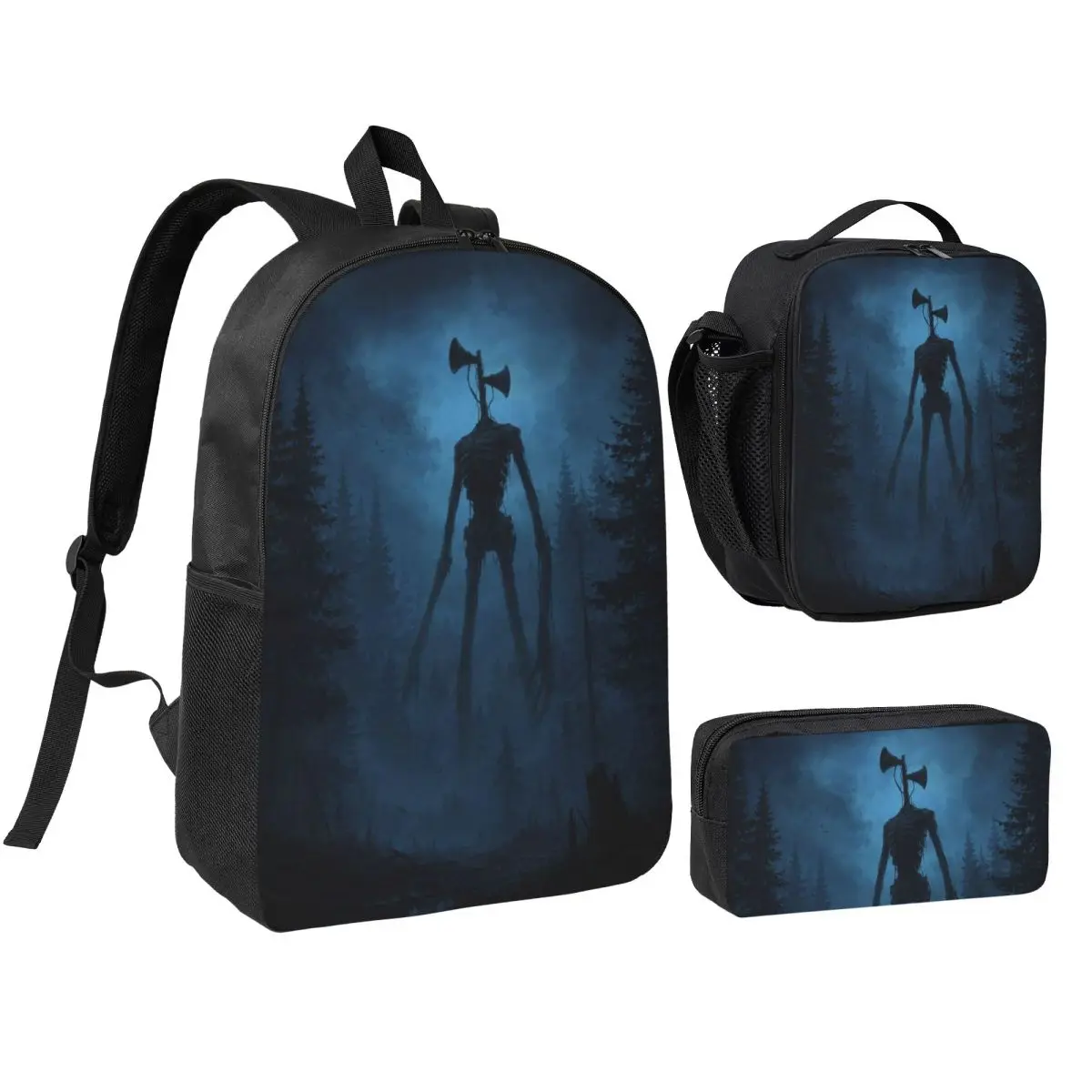 3Pcs Siren Head In Dark Forest School bags Set for Boy Girl Pen Bags Backpack Sets with Lunch Box For School Students Daypack
