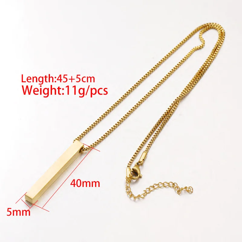 10Pcs 3D Strip Bar Pendant Necklaces Stainless Steel Bar Blank Box Chain Necklaces For Engrave  DIY Custom Name Logo