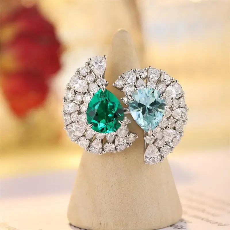 

RUIF New Design 925 Sterling Pear Cut Lab Grown Emerald And Aquamarine Ring for Women Christmas Gifts