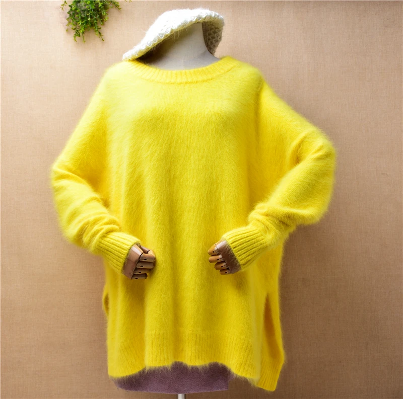 04 Ladies Women Fall Winter Clothing Yellow Hairy Mink Cashmere Knitted O-Neck Split Loose Pullover Angora Fur Jumper Sweater