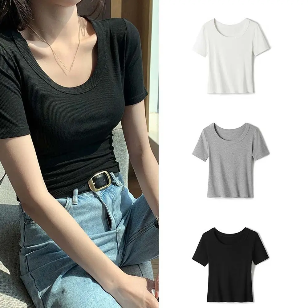 

Slim Korean Y2K Crop Tops Solid Color Corset Black White Grey T-shirt Women Clothing Short Sleeves Slim Short T-shirt