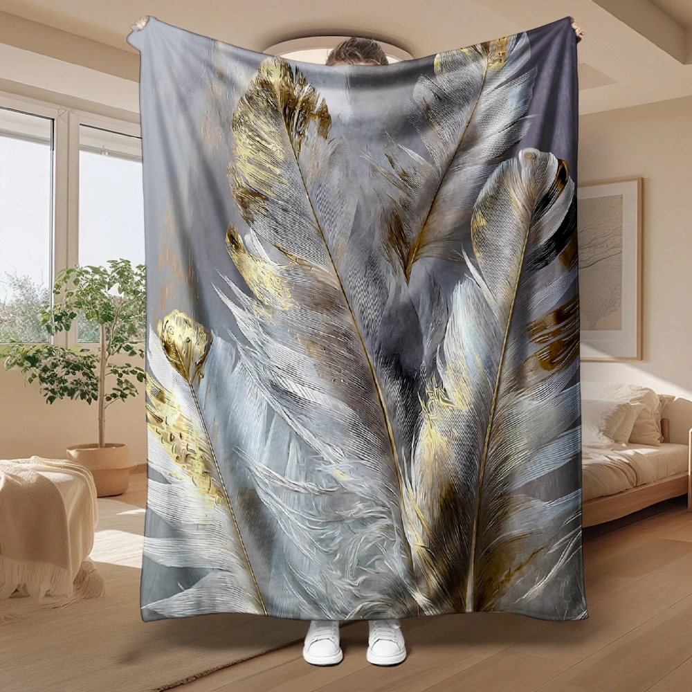 Golden Feather Art, Home Decor Gift, Soft Blanket, Grey And Golden Design, Multi-Purpose Use, Cozy Comfort