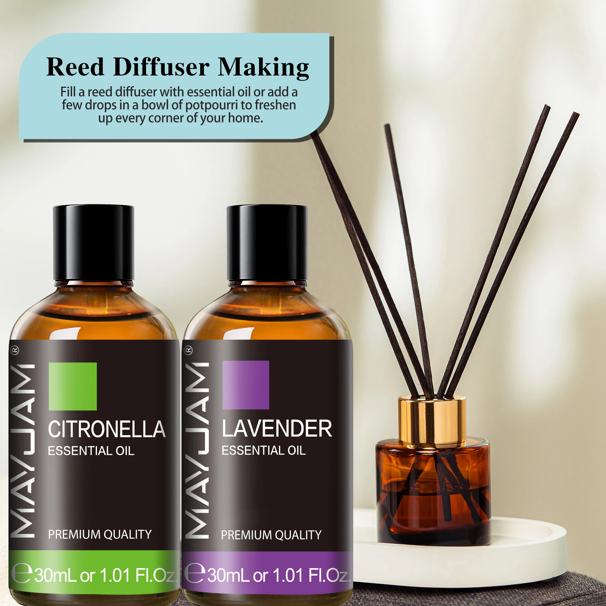 Huile Essentielle Pure MAYJAM pour Diffuseur à Bâtonnets, Bougies d'Aromathérapie, Huile Aromatique Lavande Citronnelle Origan pour Désodorisant de Voiture