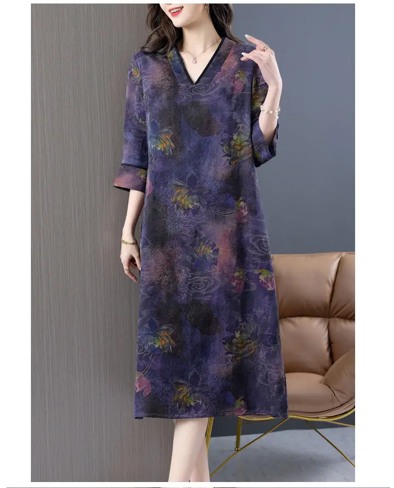 2025 New Spring Summer Dress Women V-neck Printed Floral Dress Fashion Long-Sleeved Loose Silk Dresses Ladies Plus size Sundress view 4