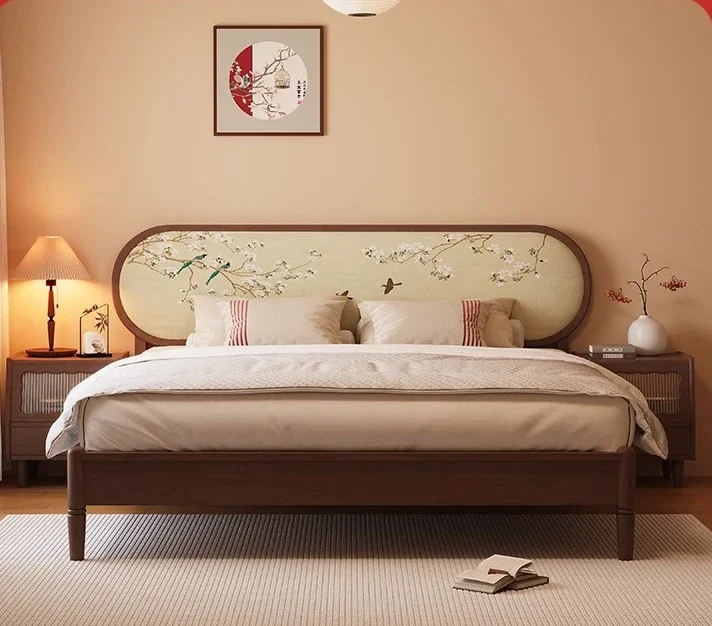 Solid wood double bed zen retro bedroom soft bag bed