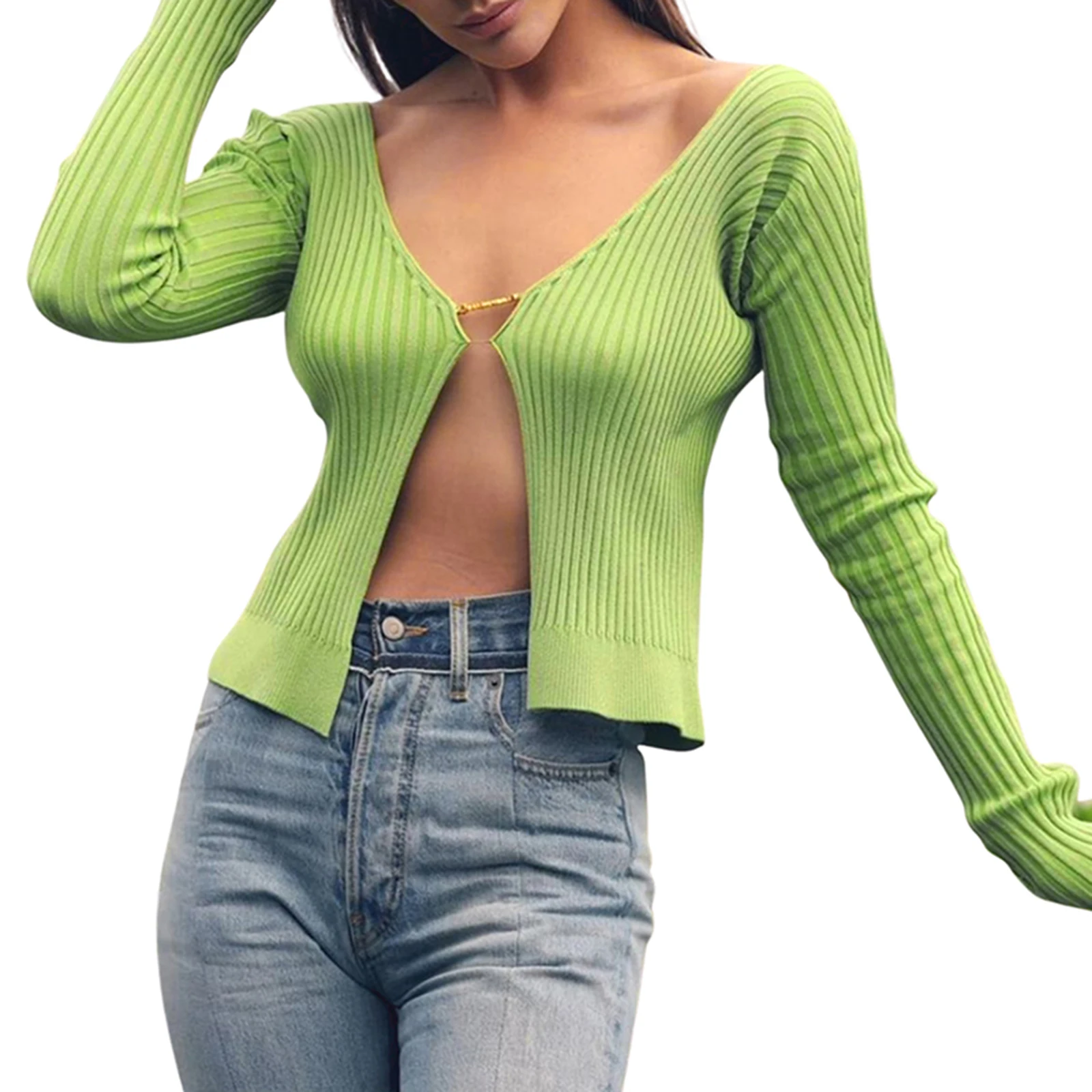 New Women Crop Tops Long Sleeve Ribbed Surface Sweater Solid Color Chain Connected Cardigan Knitwear Green Black Brown S M L