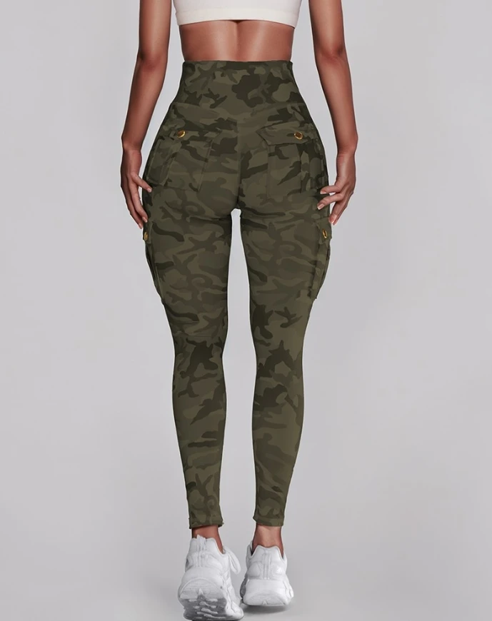 Camouflageprint Hoge taille skinny knooplegging met zak Casual broek 2025, mode damesbroek, elegante vrouwelijke broek