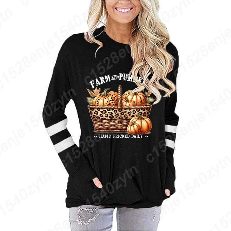 Autumn Winter Fall Farm Fresh Pumpkin Hand Pricked Daily Plus Size Clothes Women T-Shirt Pullover Sweatshirt Long Sleeve T-shirt