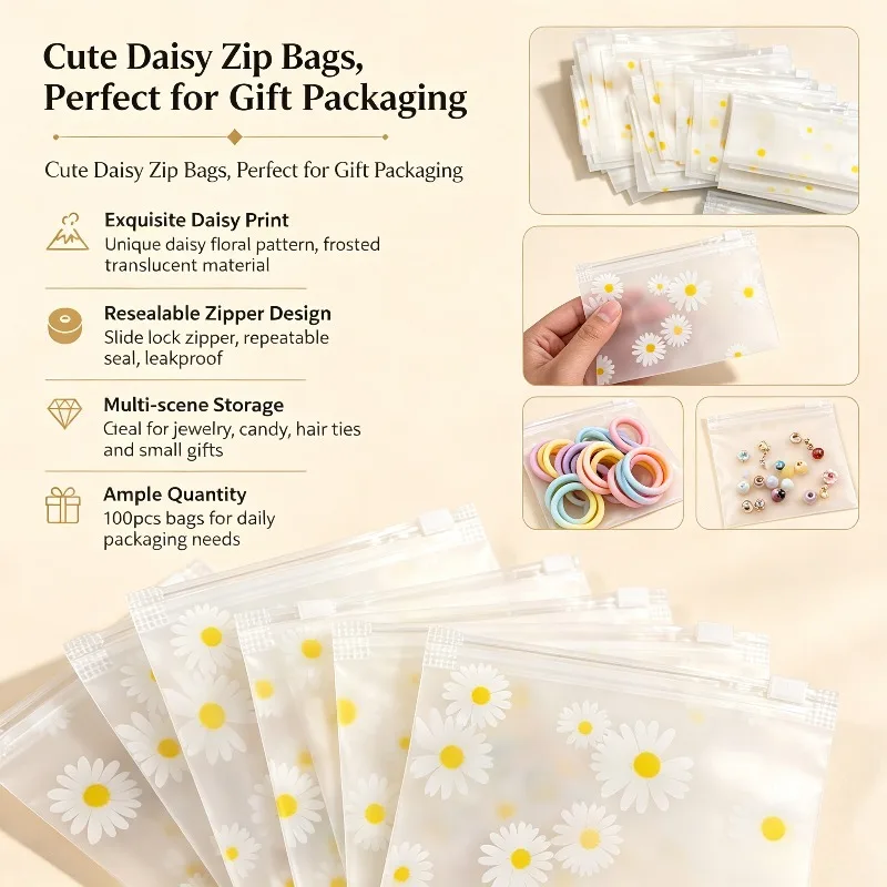 Daisy Frosted Plastic Zipper Bags, Reusable Storage Pouches for Jewelry, Crafts & Stationery, Floral Design Office Organizer