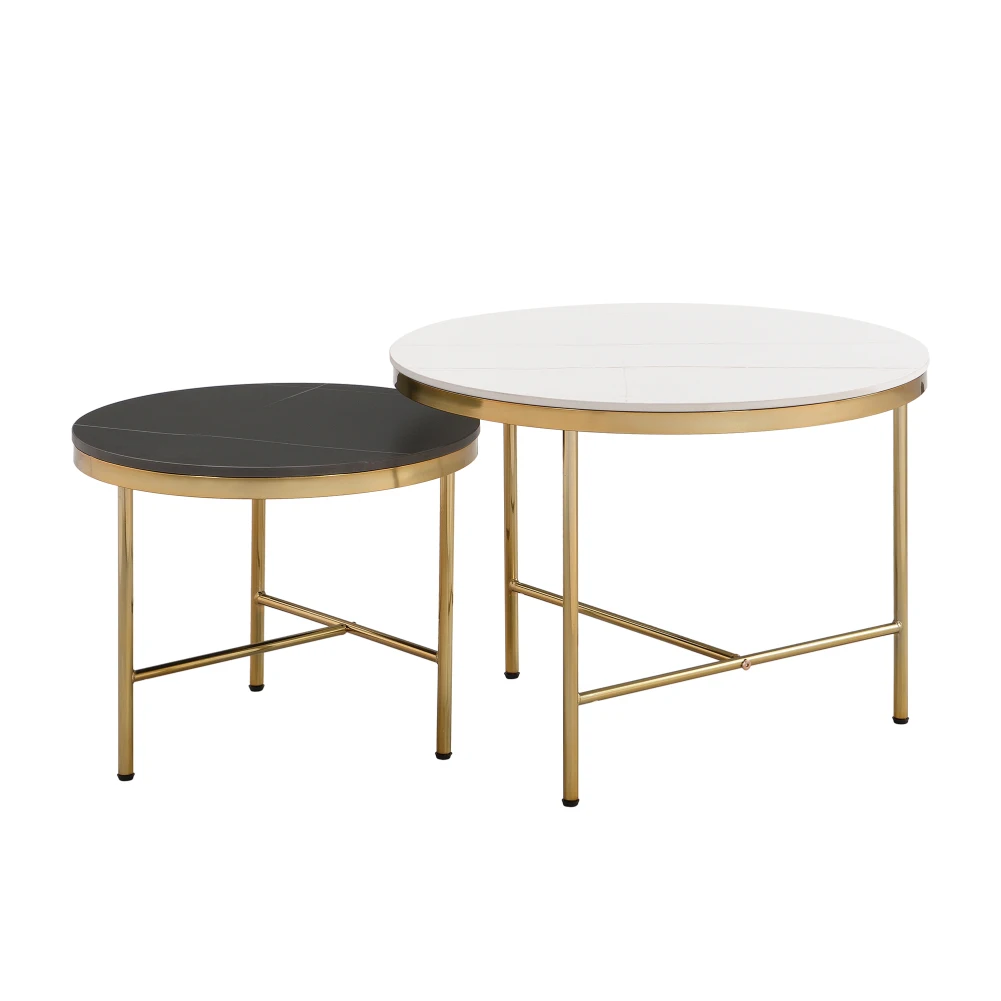 Modern Nesting Coffee Table Set Of 2 Removable Round End Table With Sintered Stone Top & Metal Frame For Living Room