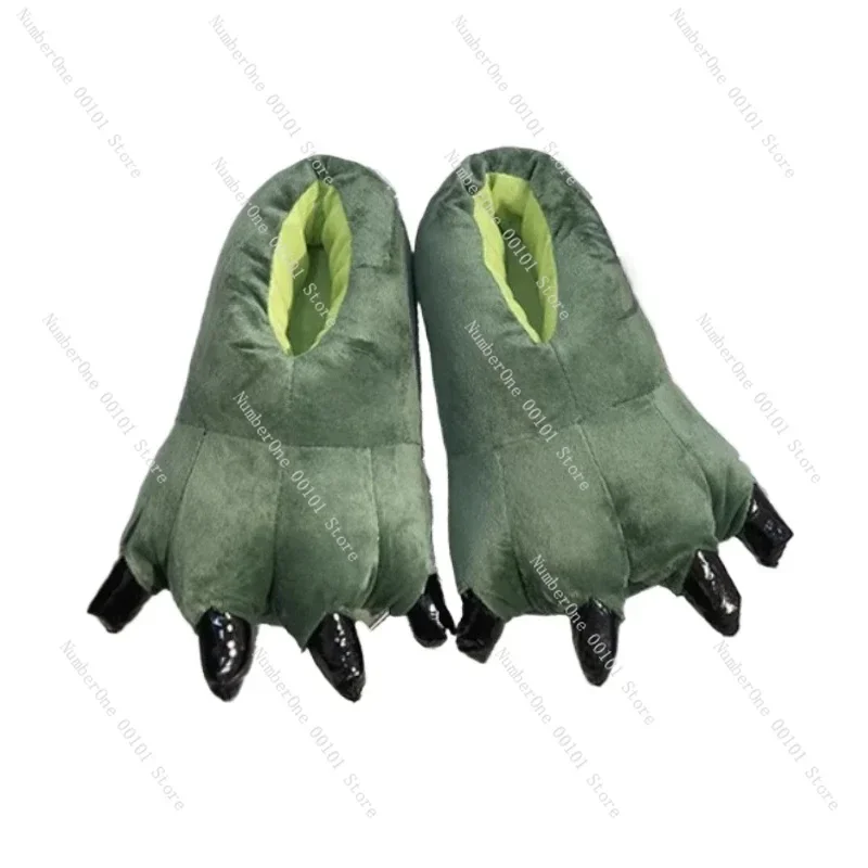 Cartoon dinosaur non-slip warm plush bag and indoor funny men's and women's paw cotton slippers