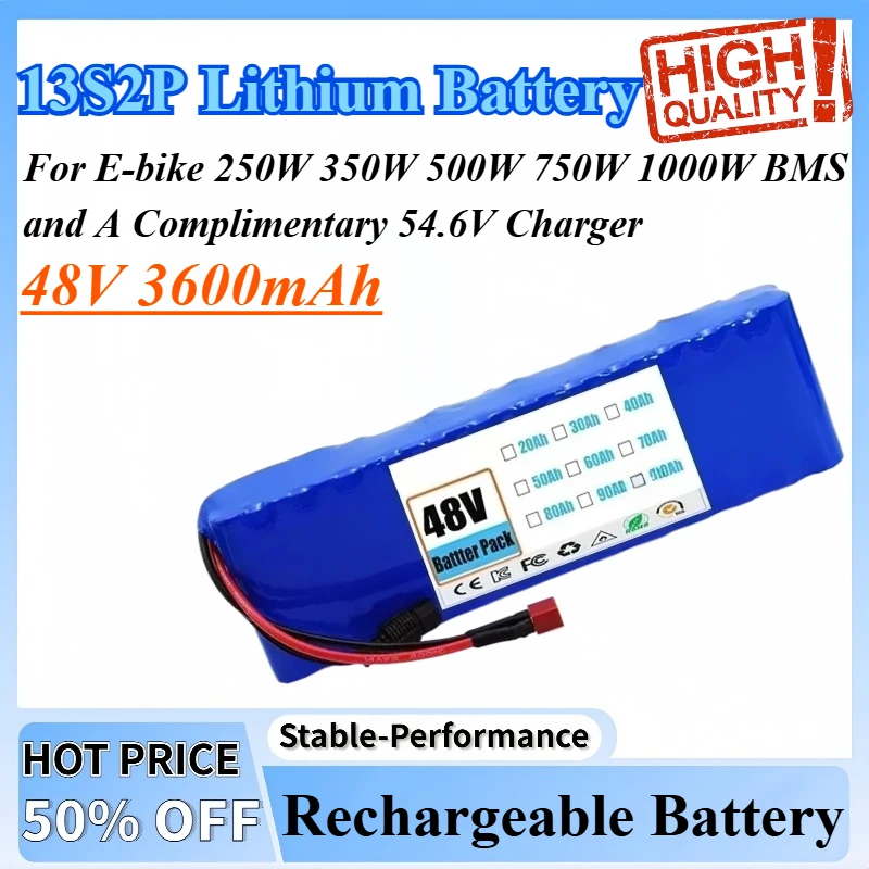 

48V 3600mAh 13S2P Batttery Lithium-ion Battery Pack For E-bike 250W 350W 500W 750W 1000W BMS and A Complimentary 54.6V Charger