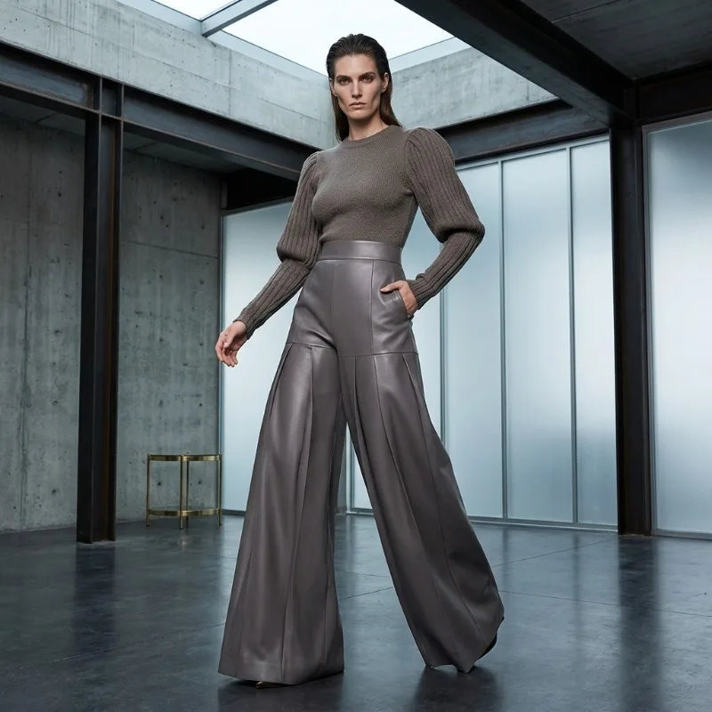 

Yeezzi 2026 Новые модные брюки-палаццо из искусственной кожи с высокой талией и широкими штанинами для женщин, однотонные плиссированные уличные брюки с широкими штанинами