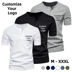 Customize your logo Henley T Shirt Summer New Men’s Casual Short Sleeve Breathable Shirt Slim Fit Tops Solid Color Basic T-shirt