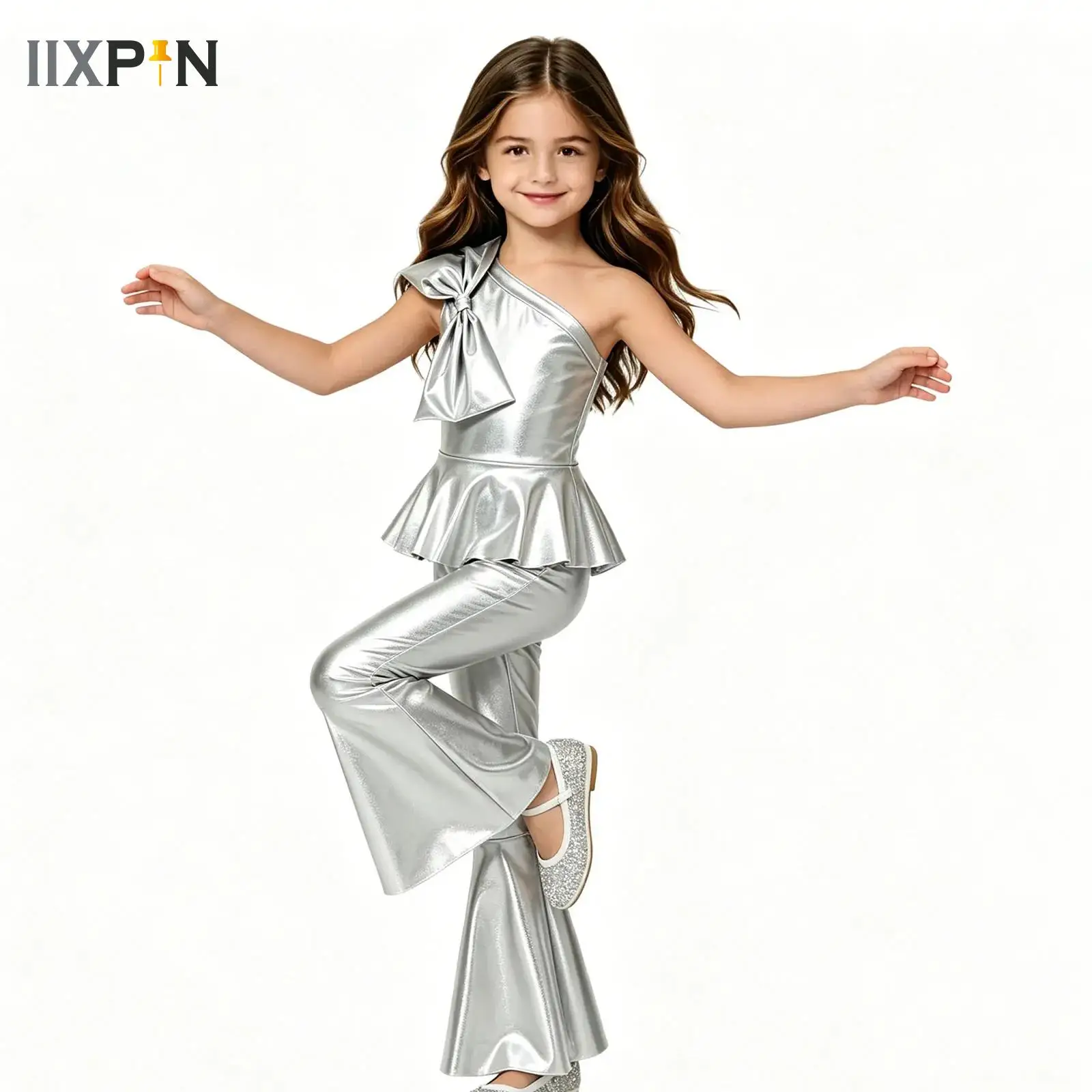 

Kids Girls Hippie Costume One Shoulder Bowtie Ruffle Unitard Bell-bottom Jumpsuit for Disco Jazz Ballroom Dance 60s 70s Clothes