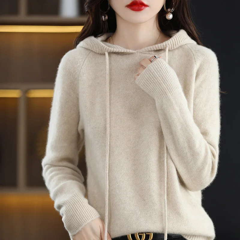 Spring Autumn 2023 Women's Cashmere Hoodie Knitted Sweater Thickened Casual Base Shirt Korean Style Long Sleeve Straight Cut