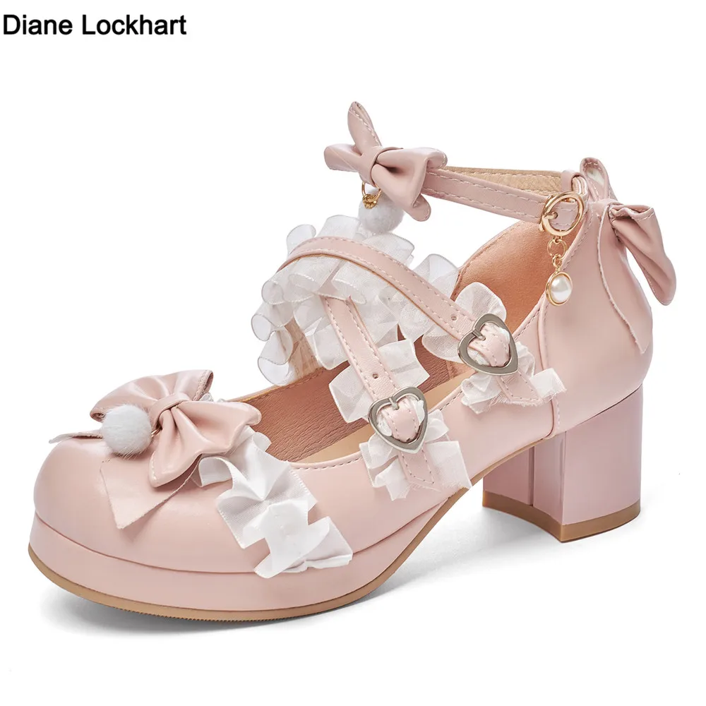 Cross Strap Vrouwen Hoge Hakken Mary Jane Pumps Party Bruiloft Wit Roze Paars Beige Aardbei Strik Prinses Cosplay Lolita Schoenen