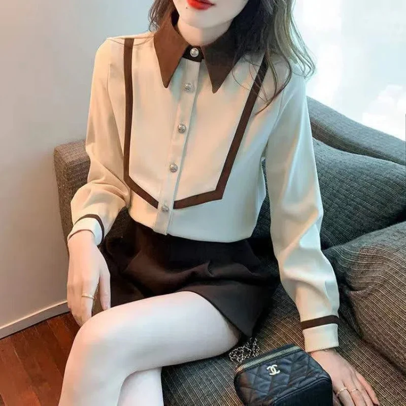 Spring Autumn New Corduroy Long Sleeve Contrast Blouse Polo Neck Loose Patchwork Casual Shirt Tops Vintage Fashion Women Clothes