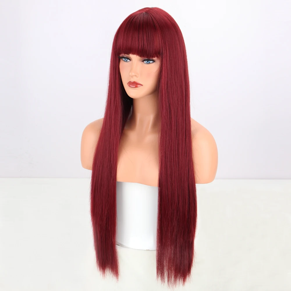 Long Wine Red Straight Synthetic Wig With Bangs for Black Women Party Cosplay Hair Wigs Heat Resistant