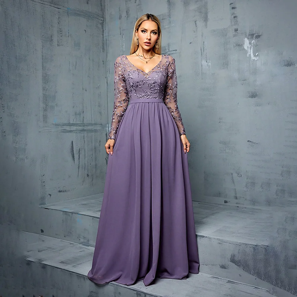 

Purple Green Elegant Chic Welcome Evening Party Prom Dresses For Special Occasion Korea Reception Playing Dress With Long Sleeve