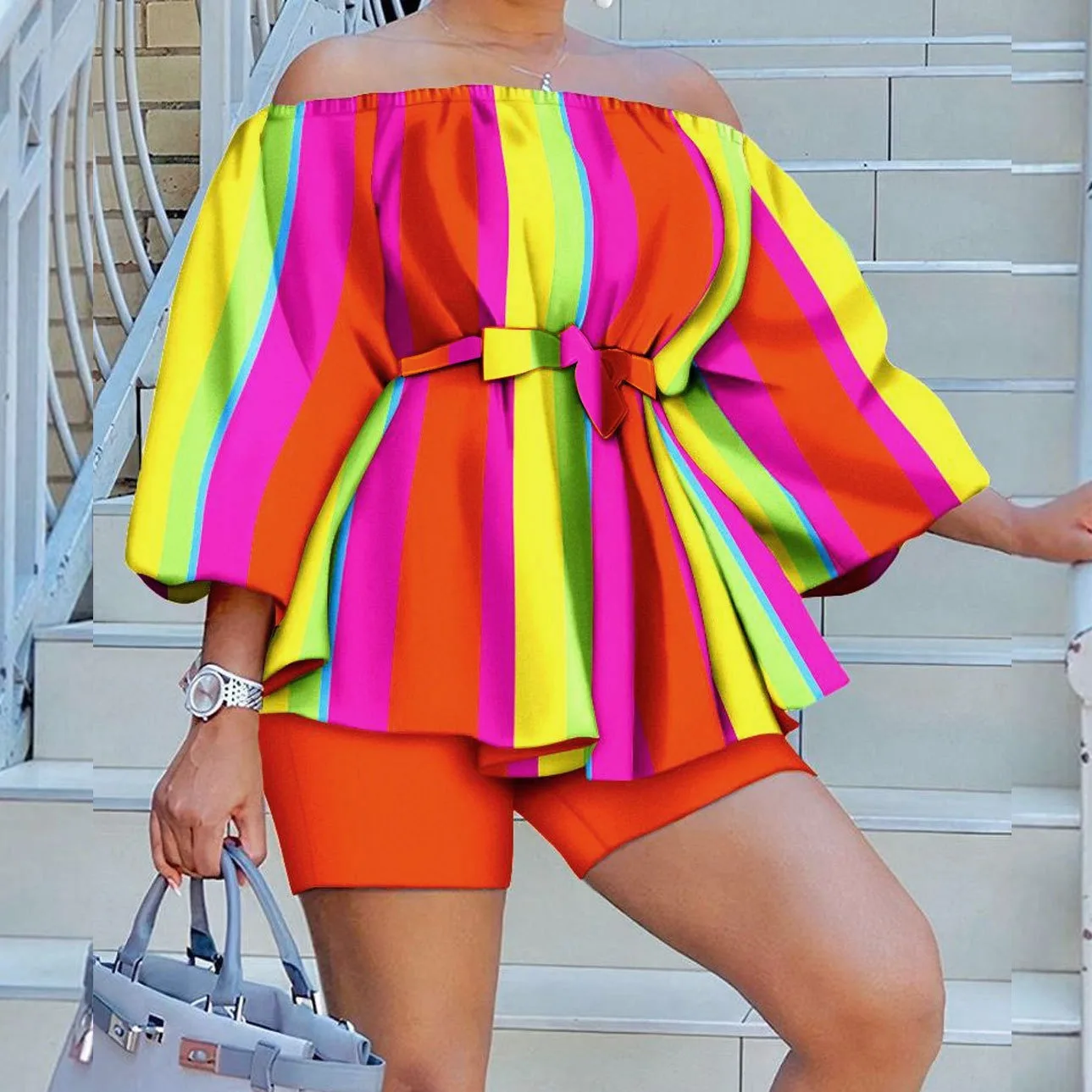 WSFEC L-3XL Plus Size Two Piece Sets African Women Clothing Slash Neck Fashion Seven Sleeve Top and Short 2024 Summer Outfits