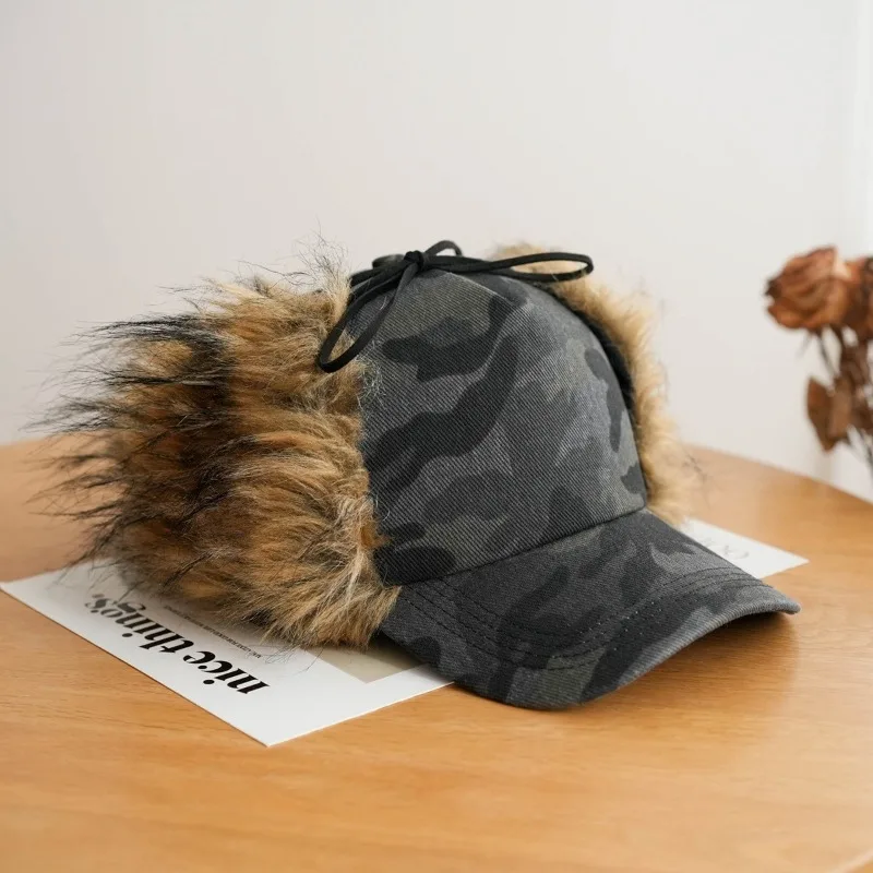 الكورية التمويه طباعة أفخم حماية الأذن قبعة بيسبول الرجال والنساء الاتجاه سميكة ودافئة ركوب حزام تحلق منفذها القبعات