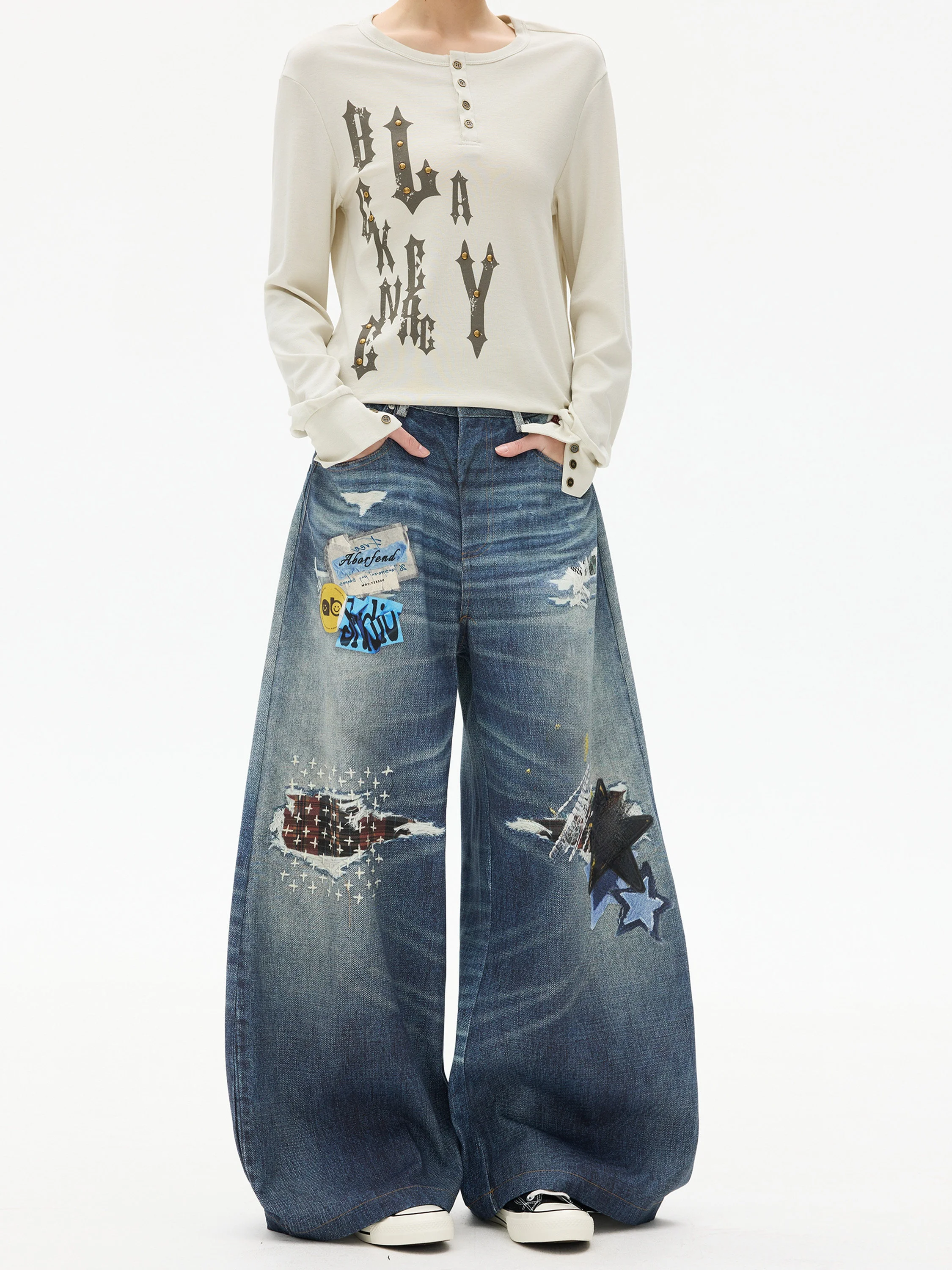 

Creative American Style 3D Printed Embroidered Jeans Men's Women's Street Loose Wide Leg Small Audience Knife Pants Trendy