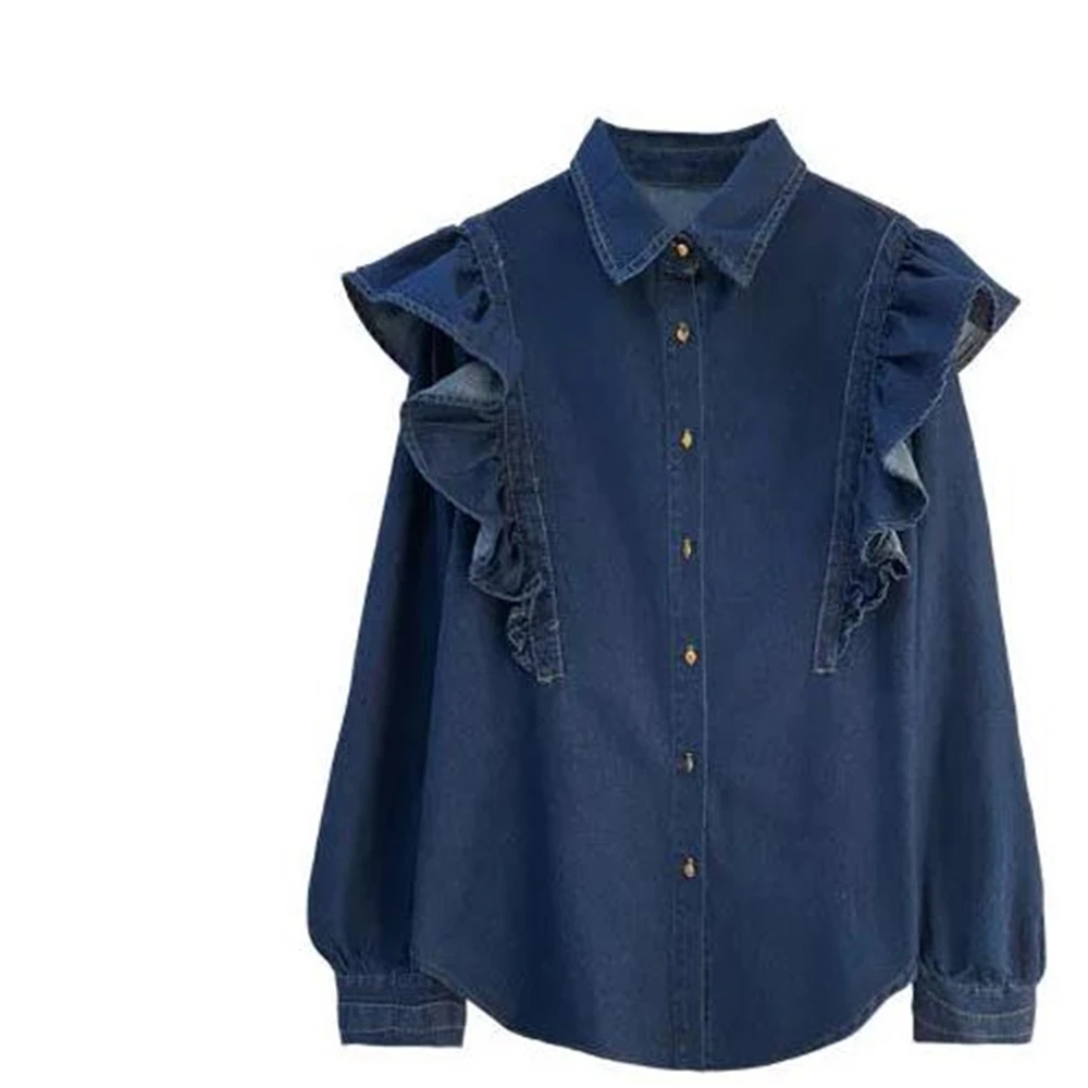 

Denim Shirts Women 2024 Ruffles Fashion Blouse Autumn Spring Long Sleeves Button Ladylike Elegant Sweet Female Tops Loose Shirt