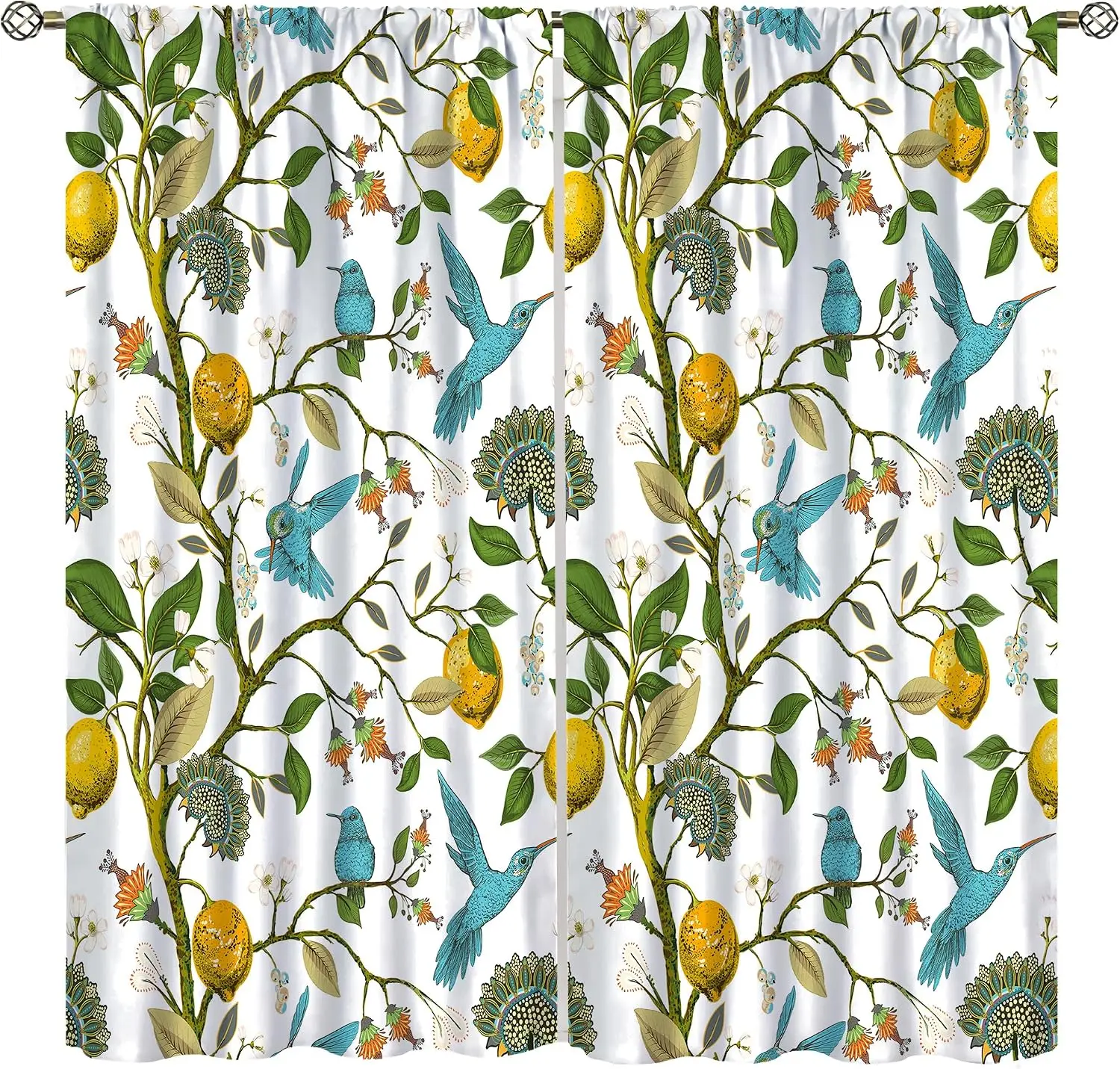 Lemon Tree Hummingbird Floral Leaf Repeat Print Blackout Rod Pocket Curtain Modern Luxury Elegant Living Room Rest Window